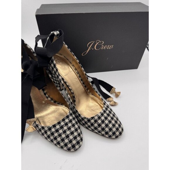 J. Crew Houndstooth Pumps Size 9 Made In Italy Ankle Wrap Bow Ribbon Heels Shoes - Picture 5 of 16